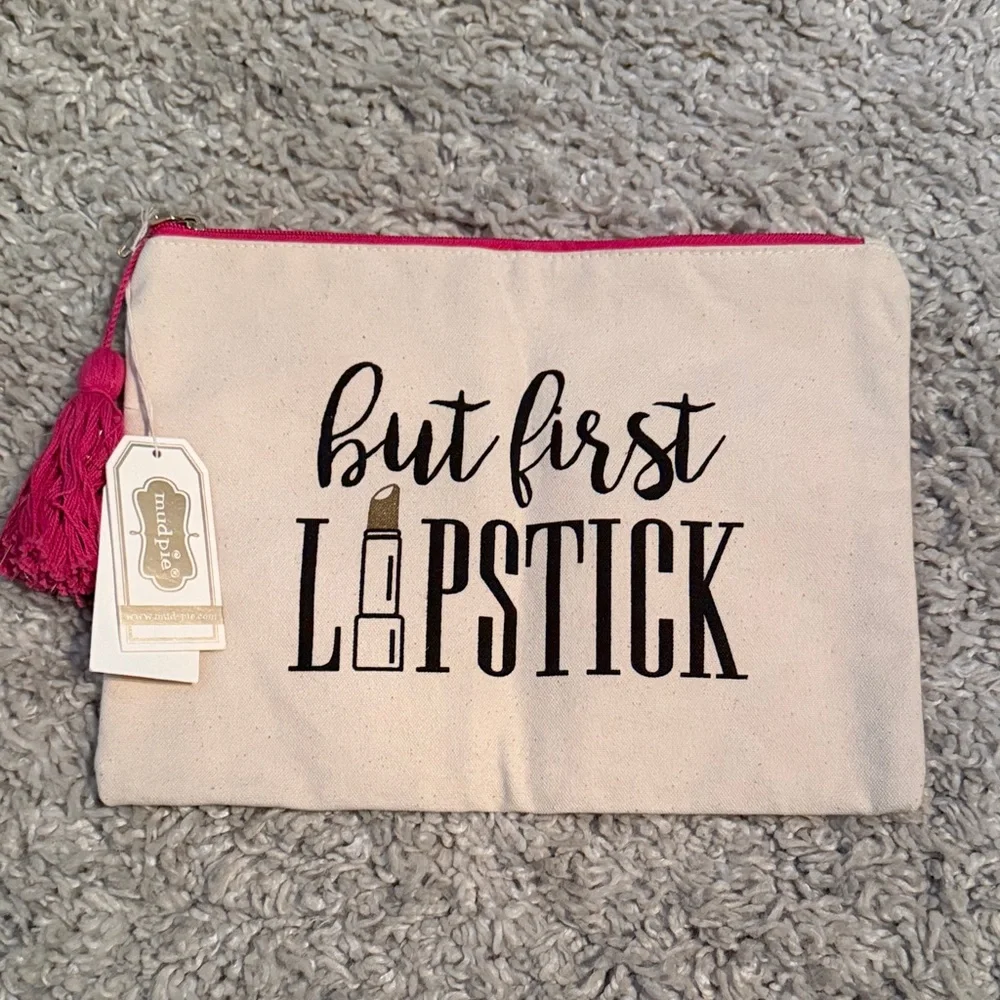 Makeup Pouch - 'But First Lipstick' Canvas Cosmetic Bag with Pink Tassel